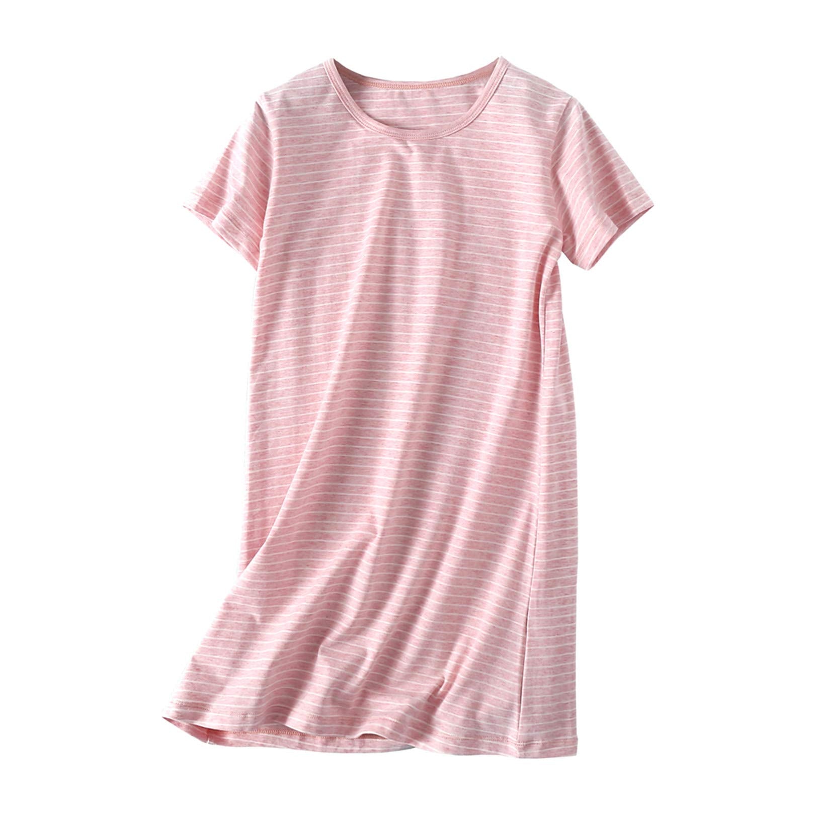 Uobzyaq Sleep Shirt for Girls Kids Cotton Stripes Nightgowns Summer Sleepover Nightdress Flouncy Sleepwear for 3-10 Years Pink S