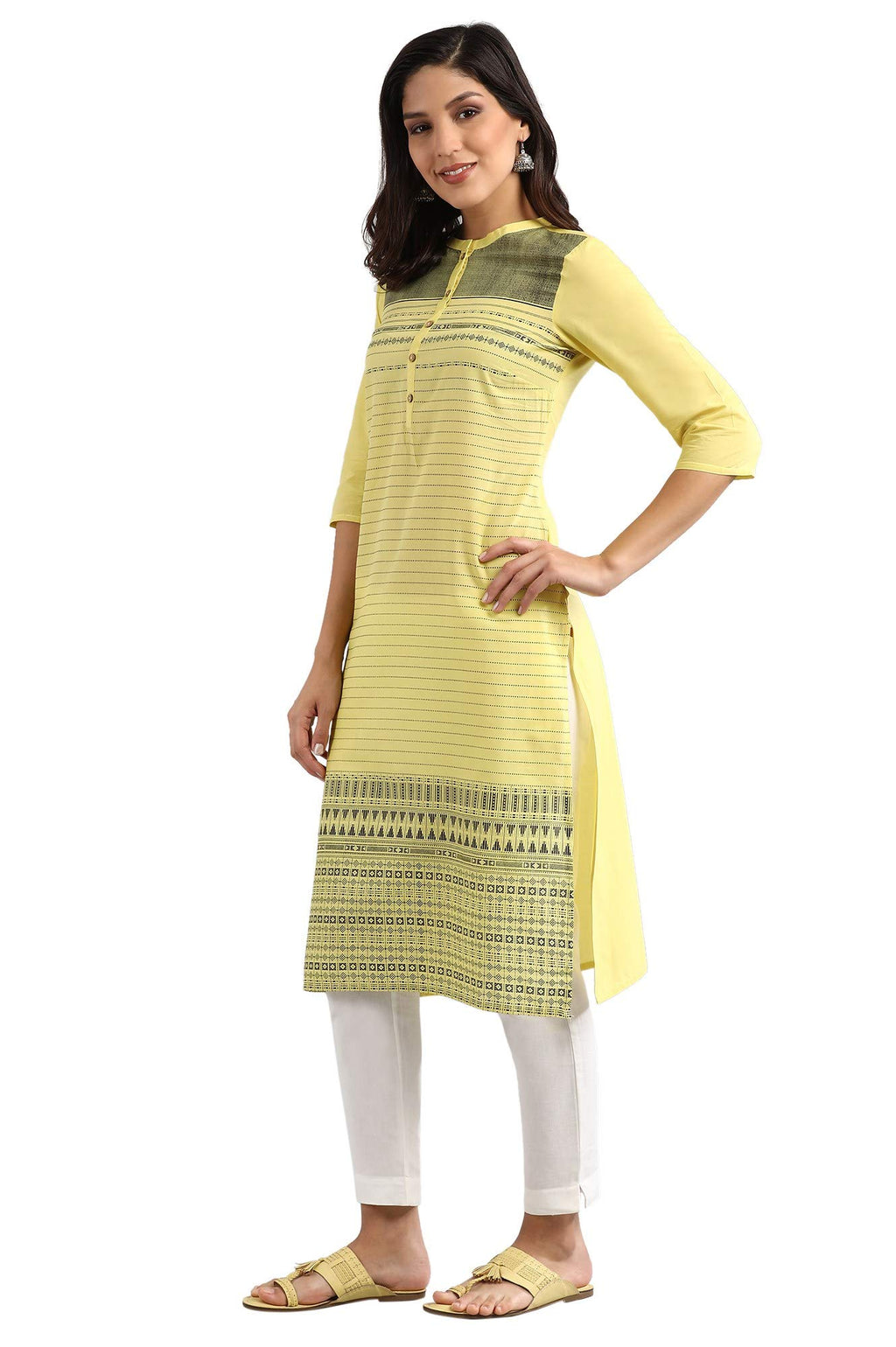 Aurelia Women'S Cotton Yellow Floral Mandarin Collar Straight Kurta