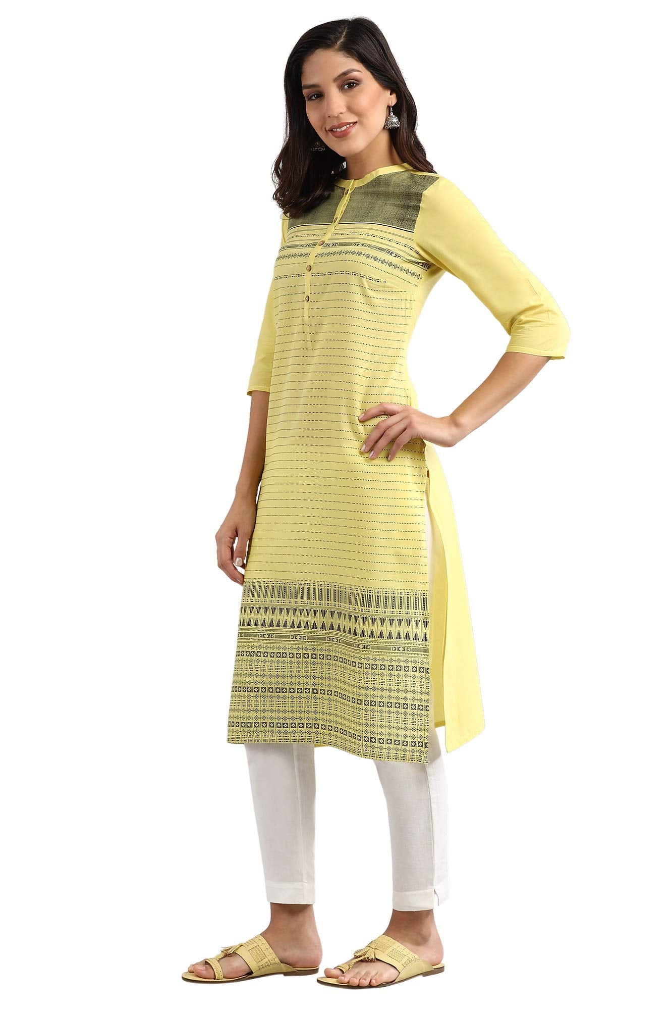 Aurelia Women'S Cotton Yellow Floral Mandarin Collar Straight Kurta