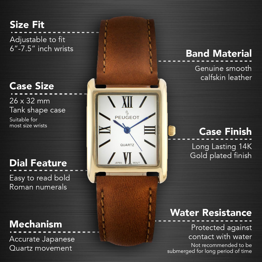 Peugeot Women's 14K Gold Plated Tank Leather Dress Watch with Roman Numerals Dial, Brown