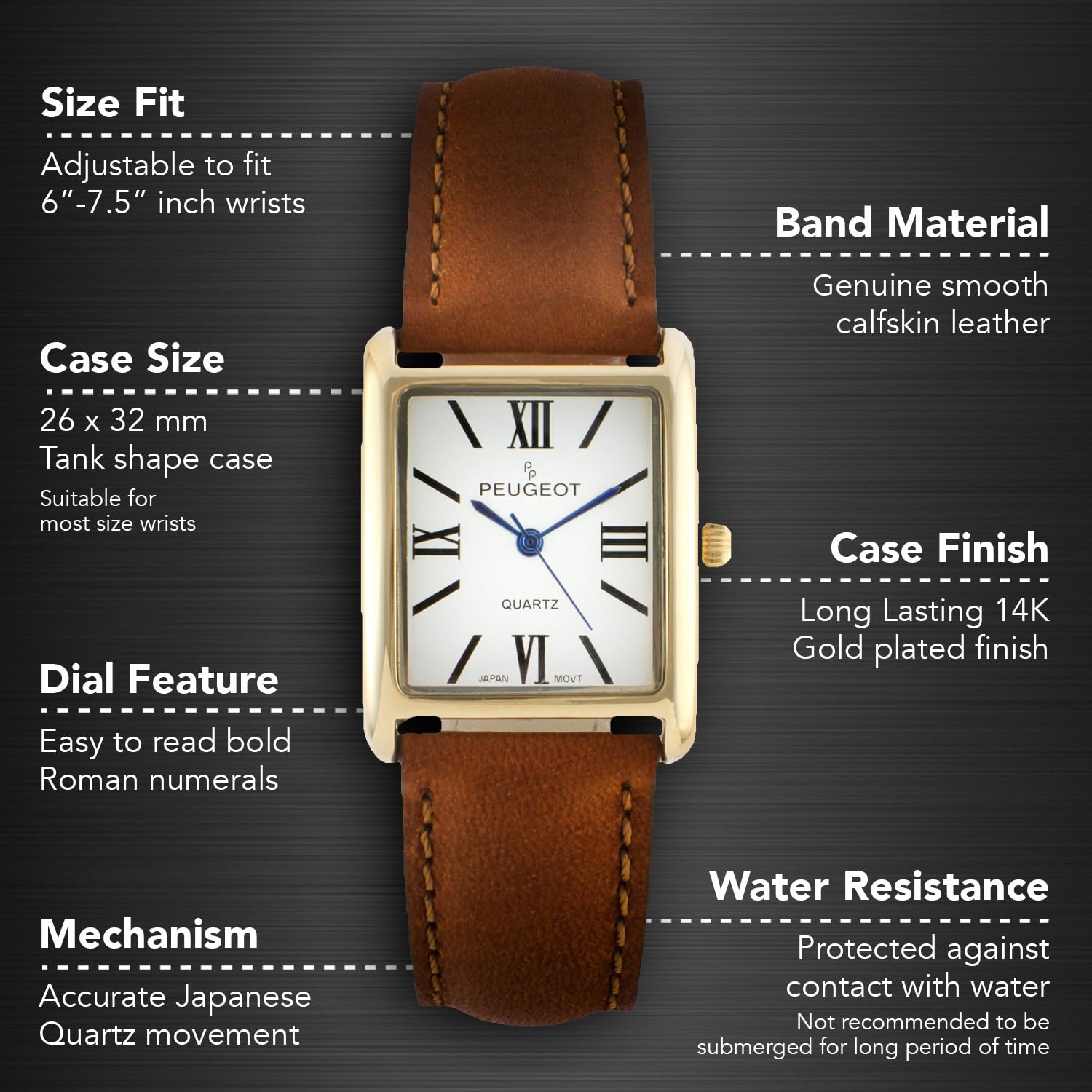 Peugeot Women's 14K Gold Plated Tank Leather Dress Watch with Roman Numerals Dial, Brown