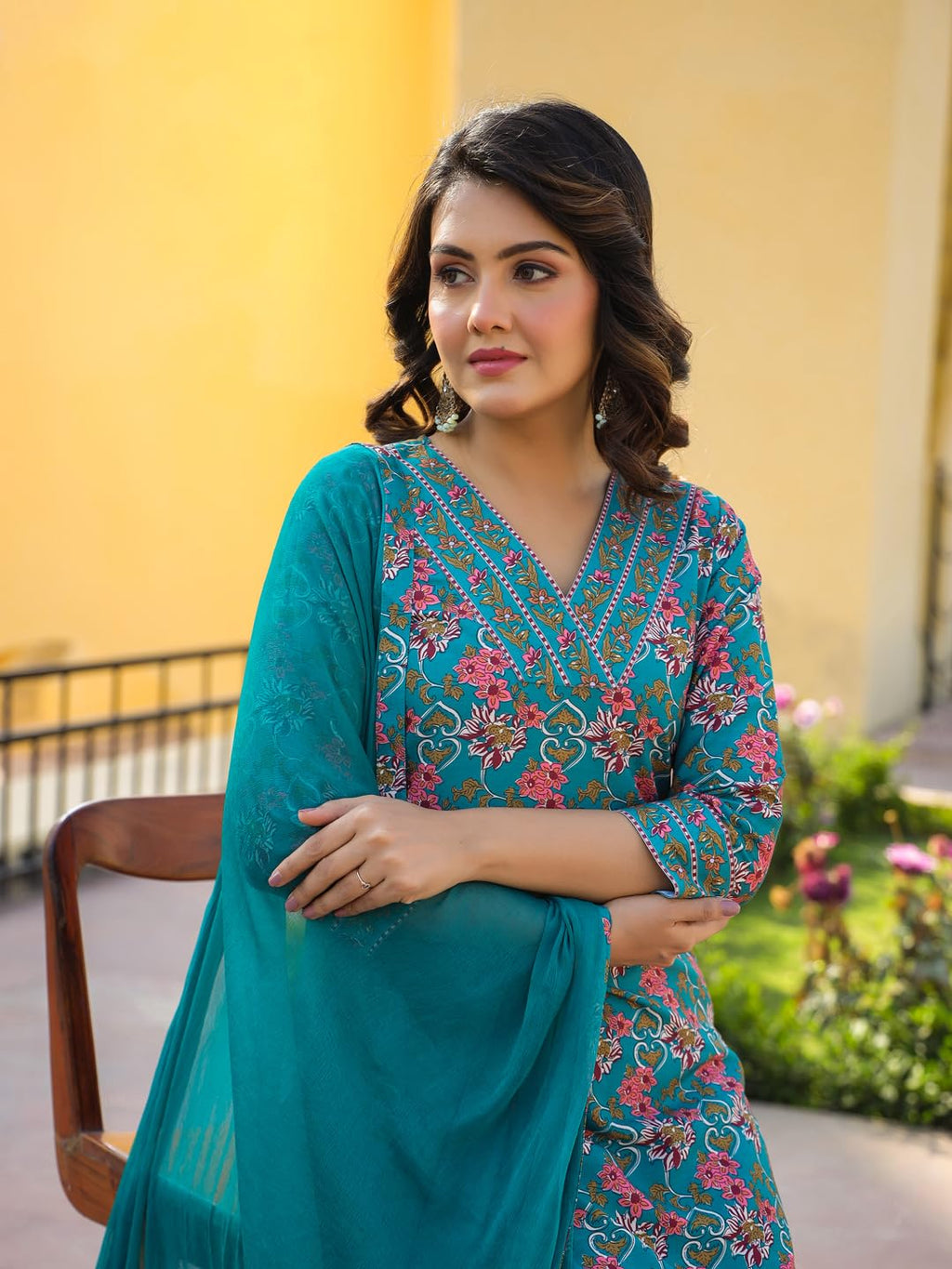 ANNI DESIGNER Women s Rayon Blend Printed Straight Kurta with Pants and Dupatta, Green, 36