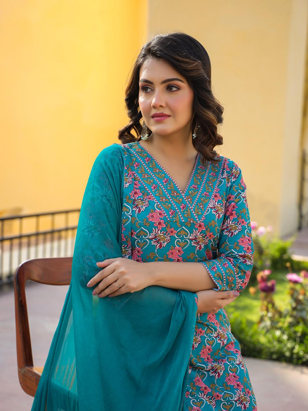 ANNI DESIGNER Women s Rayon Blend Printed Straight Kurta with Pants and Dupatta, Green, 36