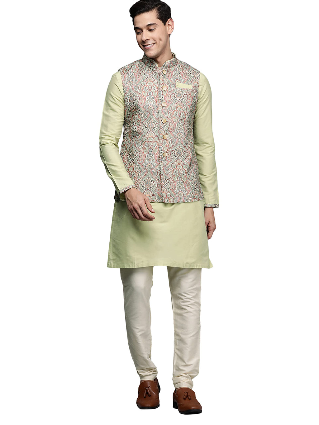 Manyavar Kurta Jacket Set for Men, Full Sleeves Mandarin Collar Ethnic Kurta Jacket Set for Festival, Wedding, Party Art Silk