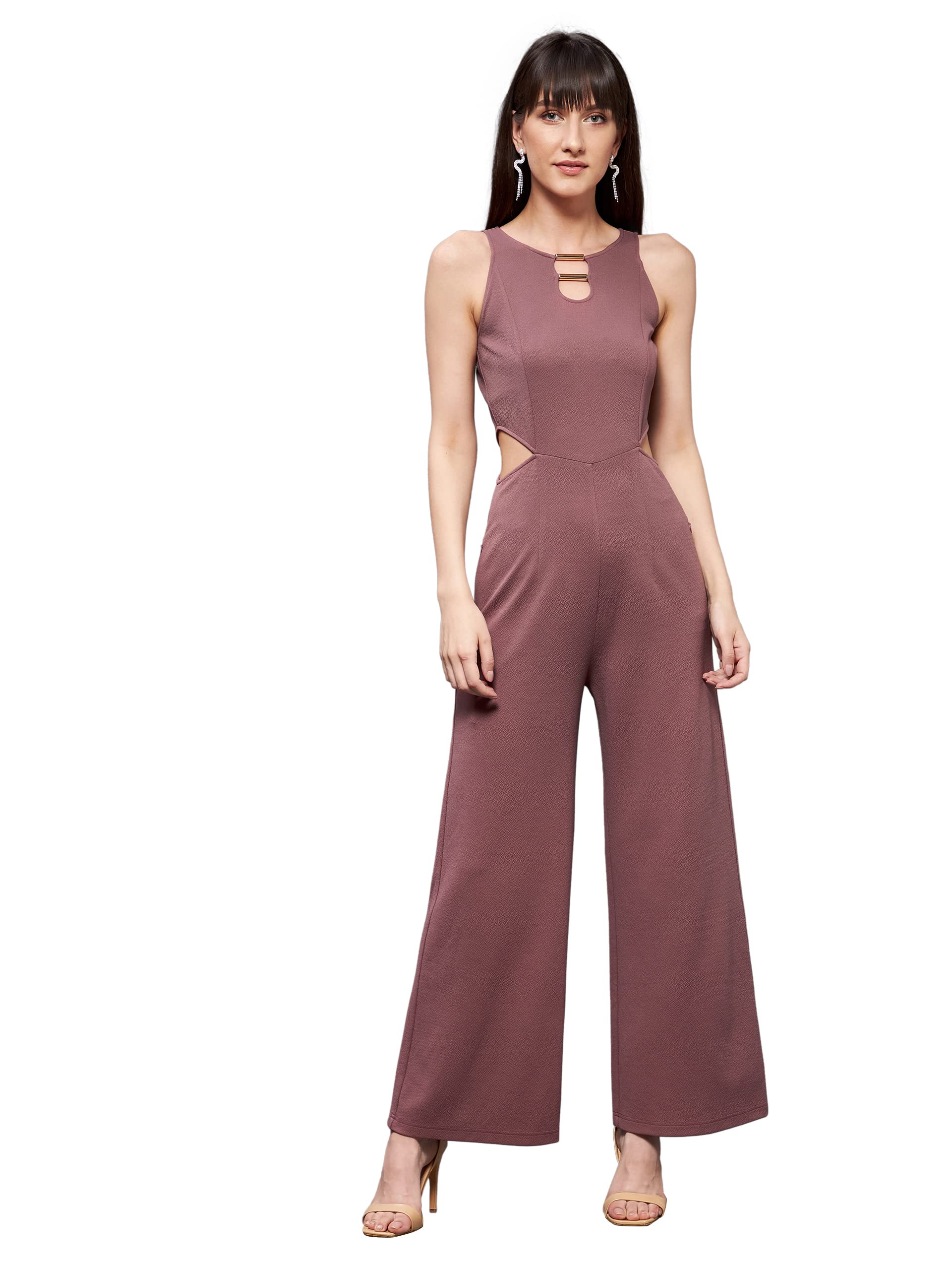 Miss Chase Womens Solid Slim Fit Round Neck Sleeveless Regular Length Waist Cut-Out Jumpsuit (MCSS21D04-79-271-06, Mauve, XL)