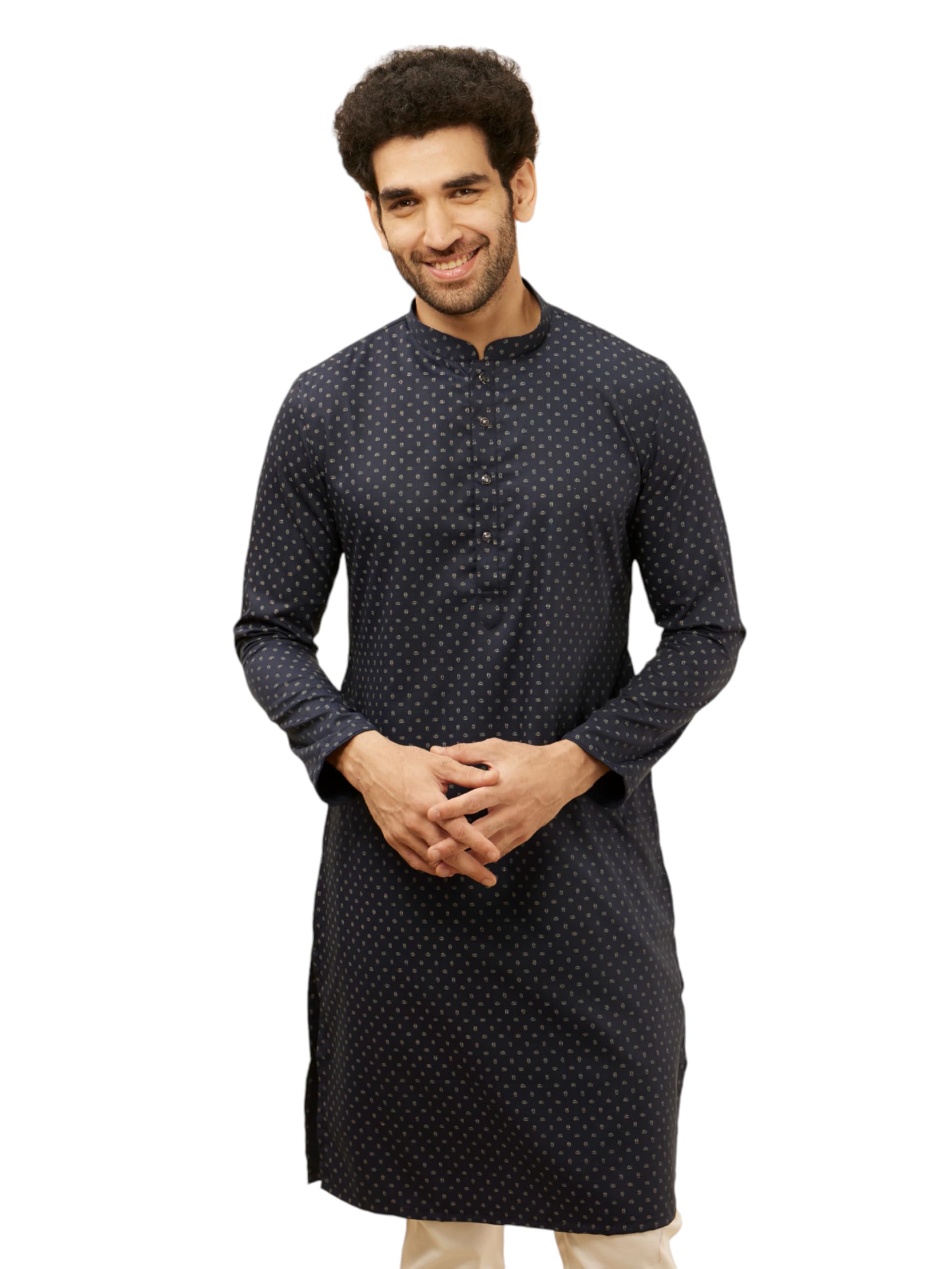 Manyavar Mens Navy Blue Ditsy Printed Kurta (XL)