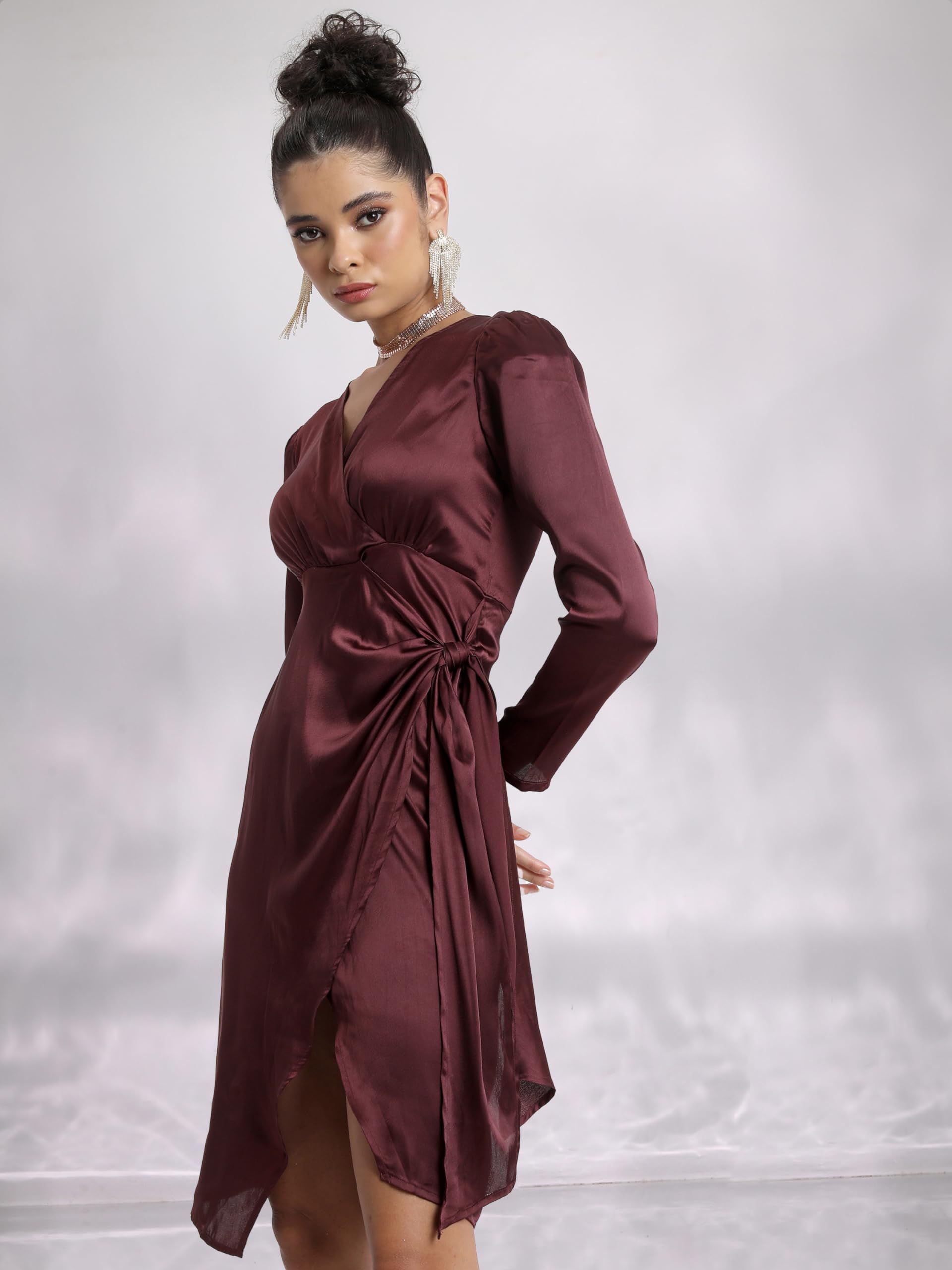Ketch WomenS Polyester Wrap Mini Dress (Khj6000419_Brown