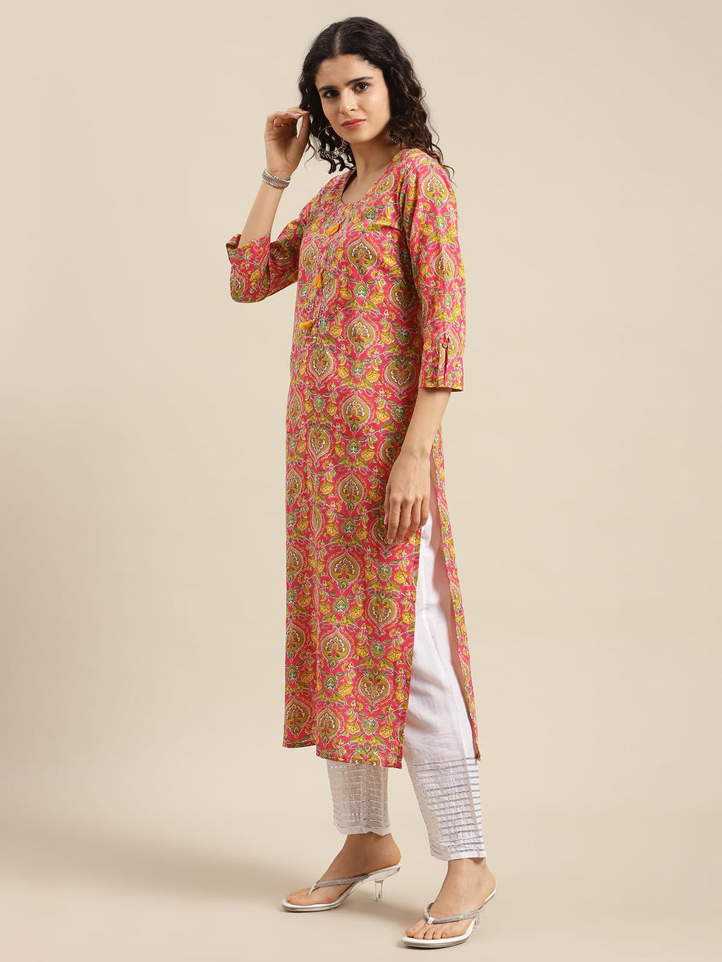 Varanga Women Pink And Yellow Floral Printed Straight Kurta With Round Neck, Three-Quarter Sleeves, Straight Hemline, And Side Slits