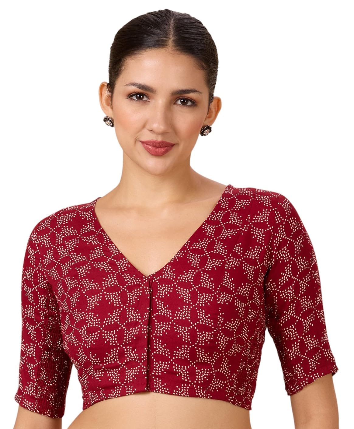 Studio Shringaar WomenS Cotton Printed Stretchable (Smocked) Readymade Saree Blouse(Maroon, 44) 44