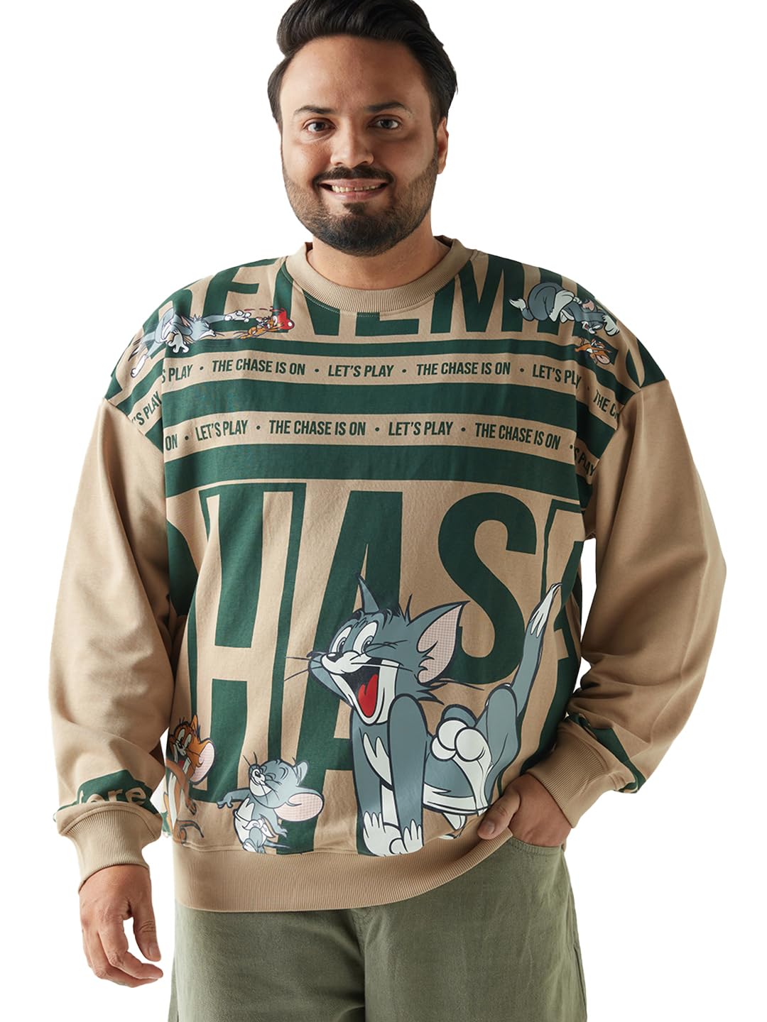 Bewakoof Official Tom & Jerry Merchandise Mens Graphic Print Oversized Fit Full Sleeve Round Neck Poly Cotton Plus Size Sweatsh
