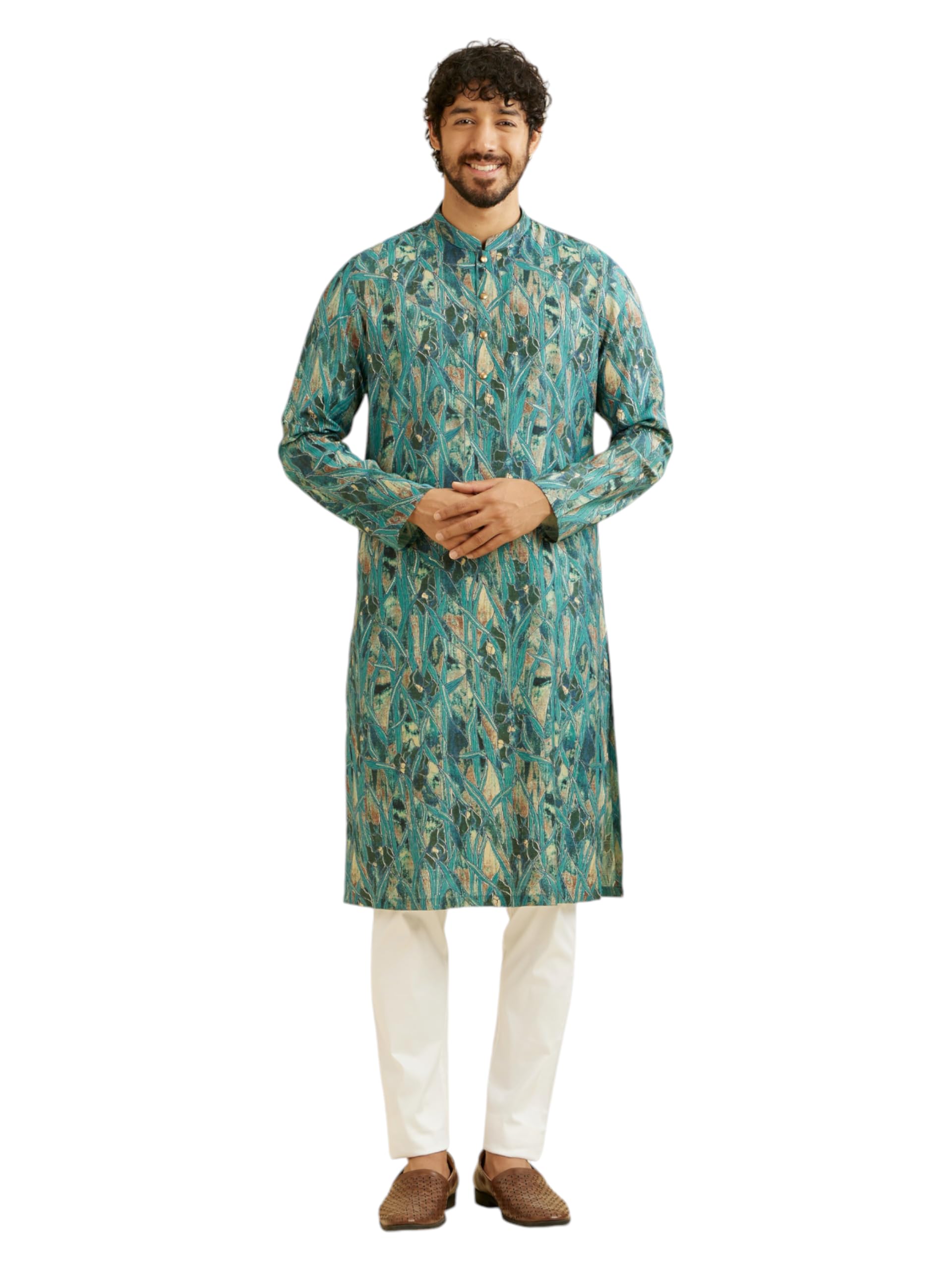 Manyavar MenS Viscose Blend Abstract Print Long Kurta (Green,M)