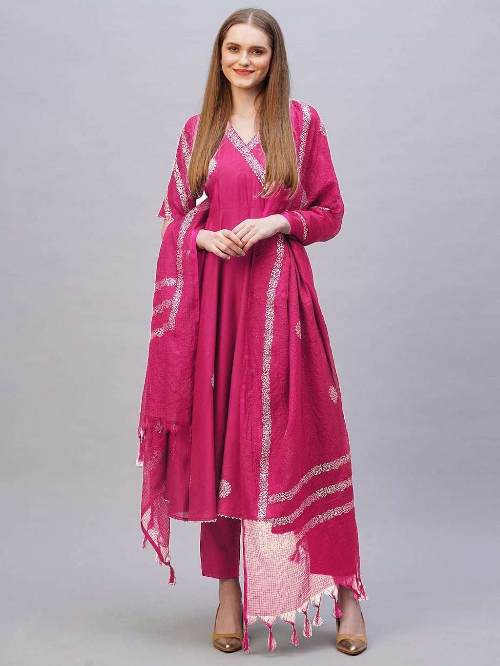 ANNI DESIGNER Women s Anarkali Printed Rayon Blend Kurta with Pants and Dupatta, Pink, XL