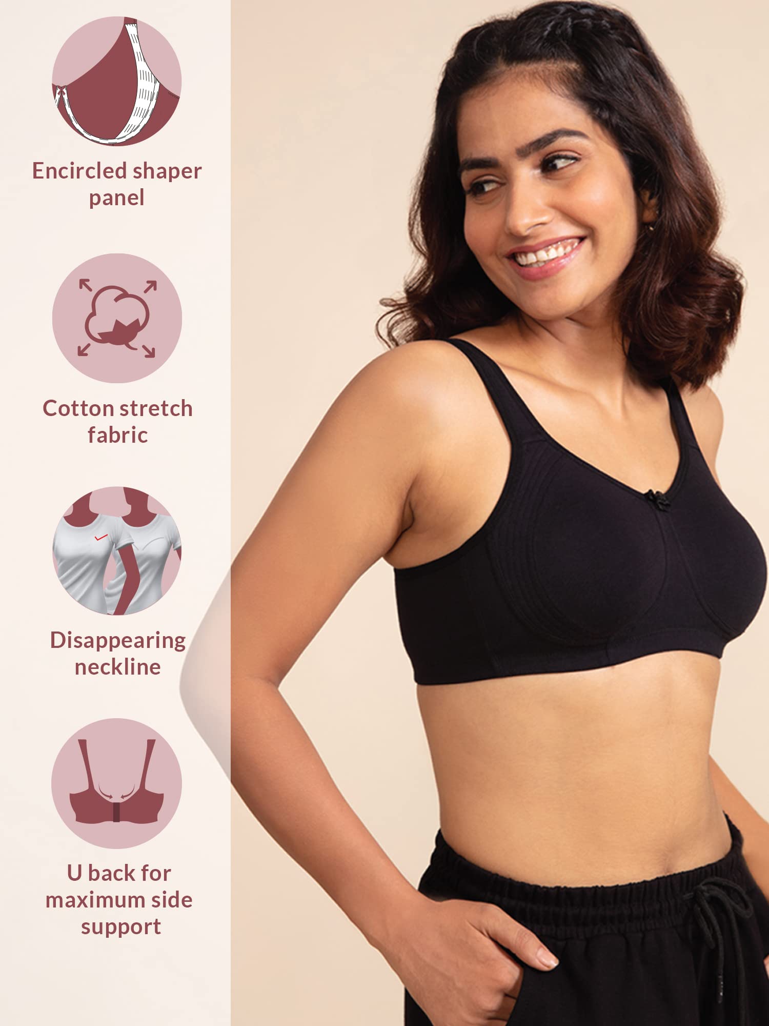 Nykd (Nyb169 Cotton Anti Microbial Non Padded & Non Wired Side Support Shaper Bra For Women | Full Coverage Bra With Detailed Co