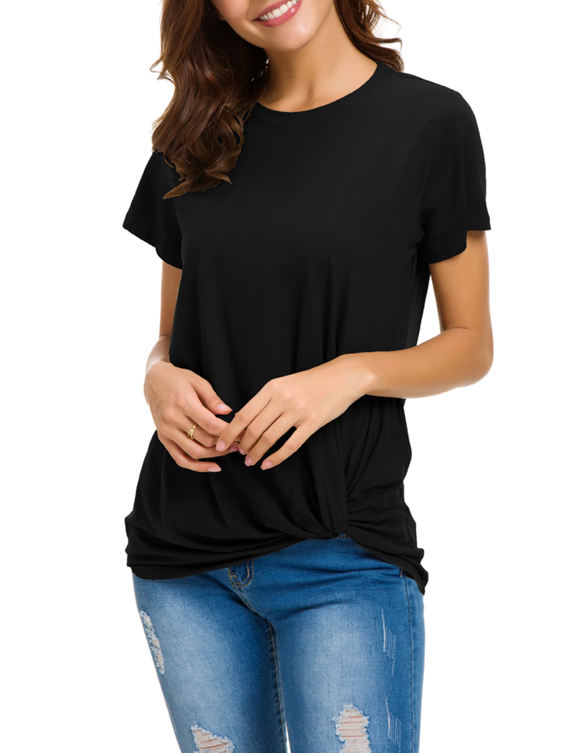 MSHING Women Casual Round Neck Short Sleeve Tie Up Blouse Comfortable Cotton Basic Tops, Black, Small