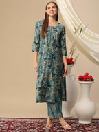 ANNI DESIGNER Ladies Cotton Blend Kurta with Trousers, Light Brown::Blue, M