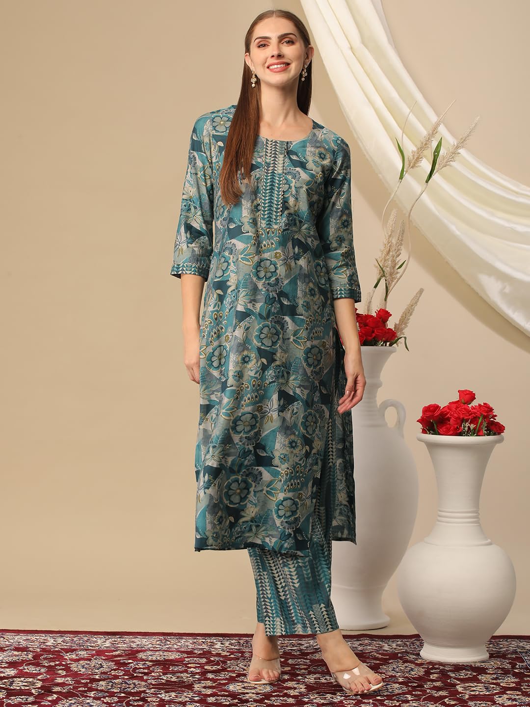 ANNI DESIGNER Ladies Cotton Blend Kurta with Trousers, Light Brown::Blue, M