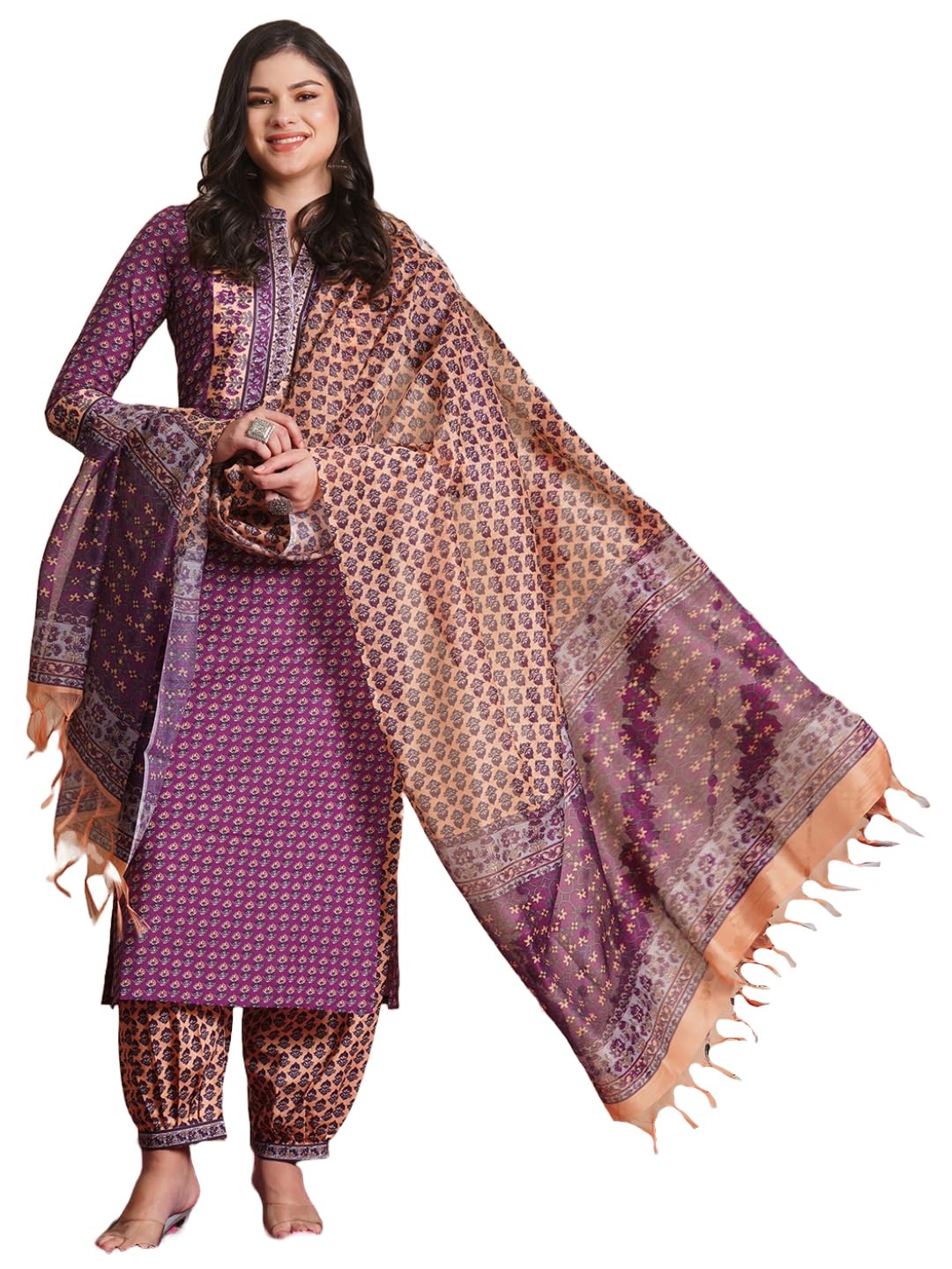 ANNI DESIGNER Womens Rayon Blend Straight Printed Kurta with Pant & Dupatta (JAAFERI PURPLE-VKS02_XL_Purple_X-Large)