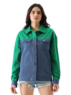 The Souled Store Vivid Green Women and Girls Oversize Fit Full Sleeve Colorblock Cotton Denim Jacket