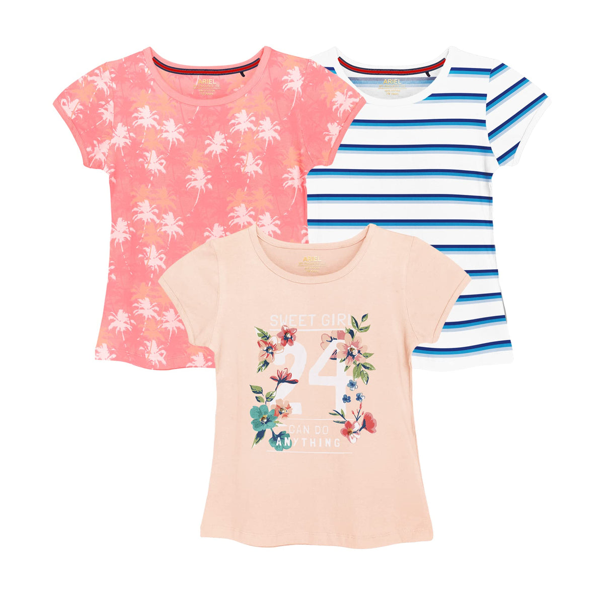 Ariel Cotton Regular Fit Half Sleeve Cotton TShirts For Girls  Round Neck Tops For Girl, Multicolor  Set Of 3 15-16