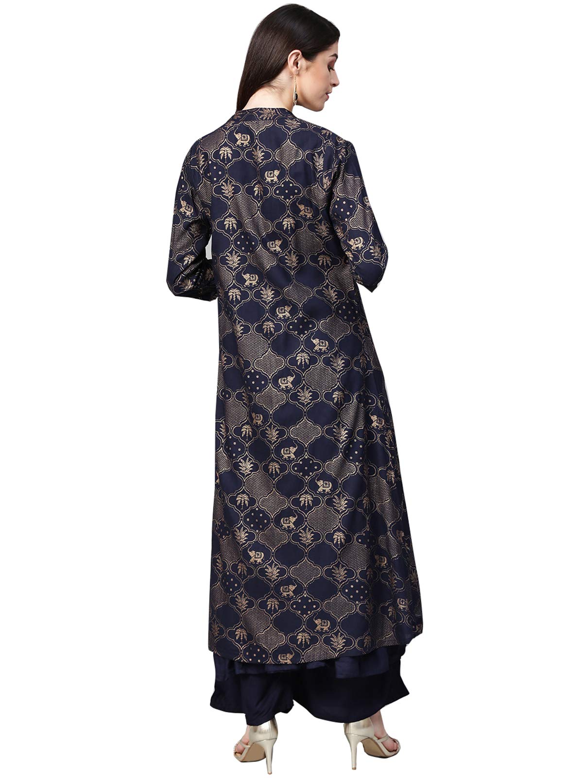 Ishin WomenS Cotton Black Foil Printed A-Line Kurta Set With Palazzo & Jacket