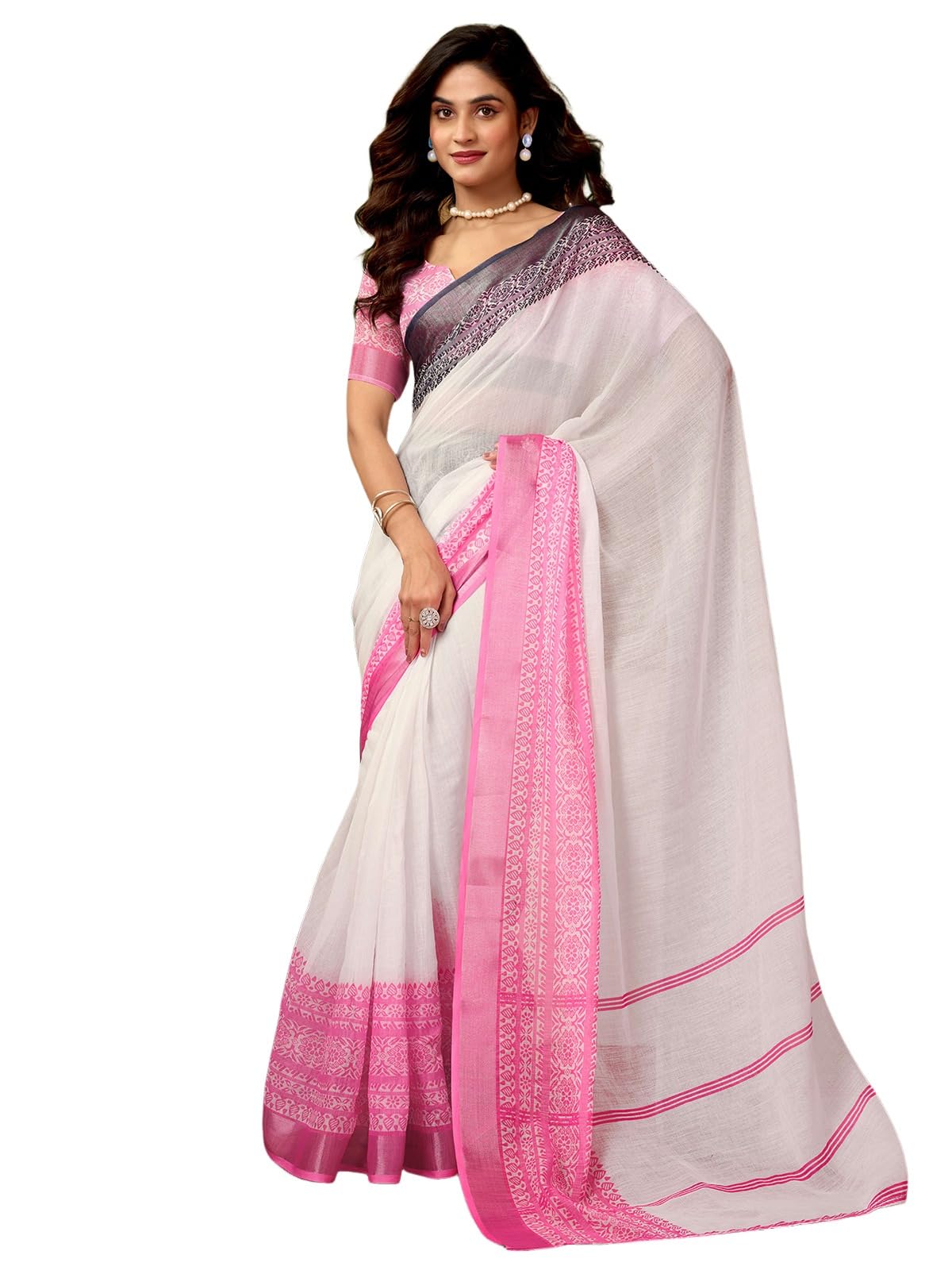 Satrani WomenS Linen Zari Border Printed Ready To Wear One Minute Pre Pleated Readymade Saree With Unstitched Blouse Piece (34R