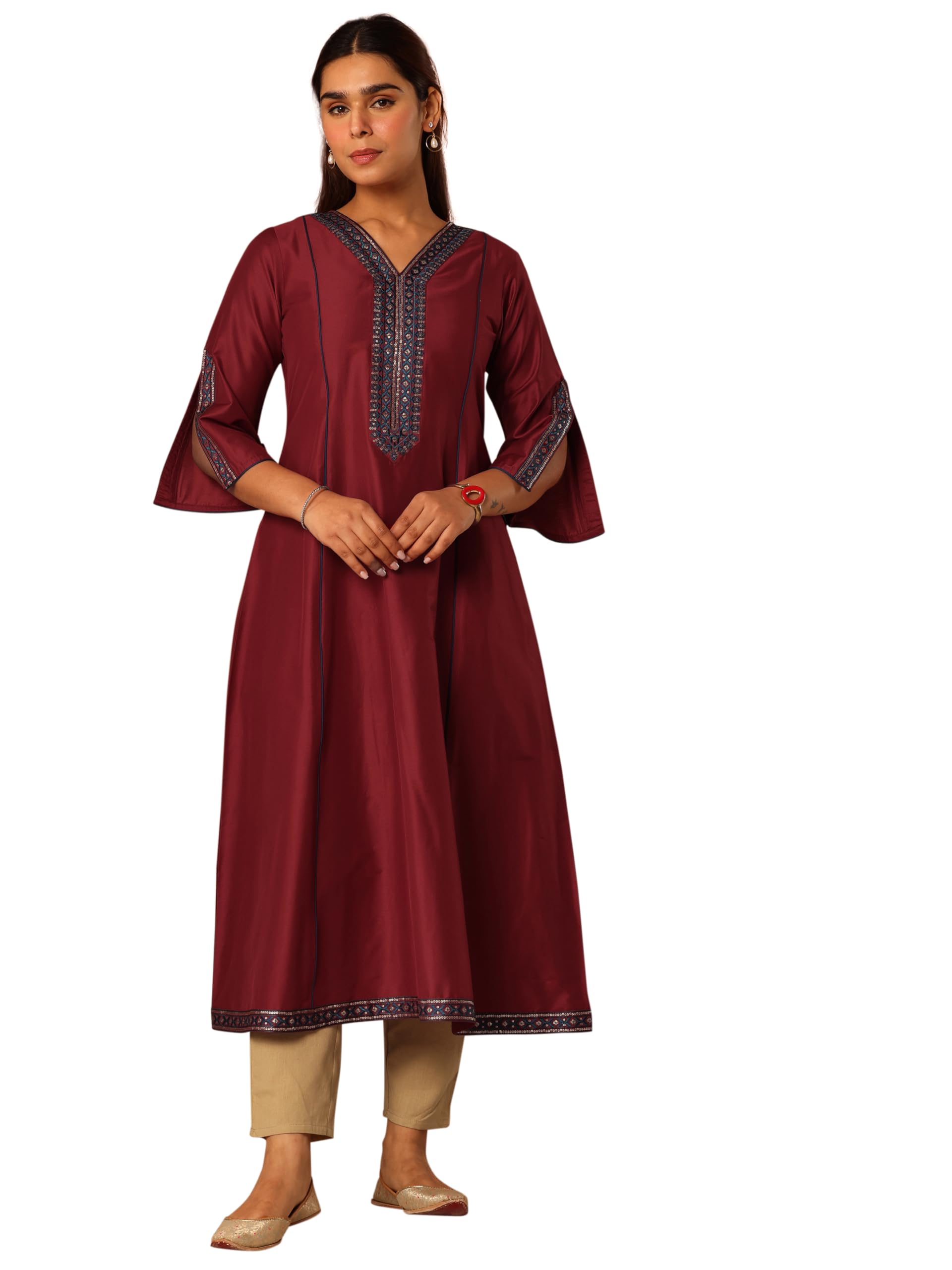 Gerua by Libas Solid Silk A-Line Kurta Maroon