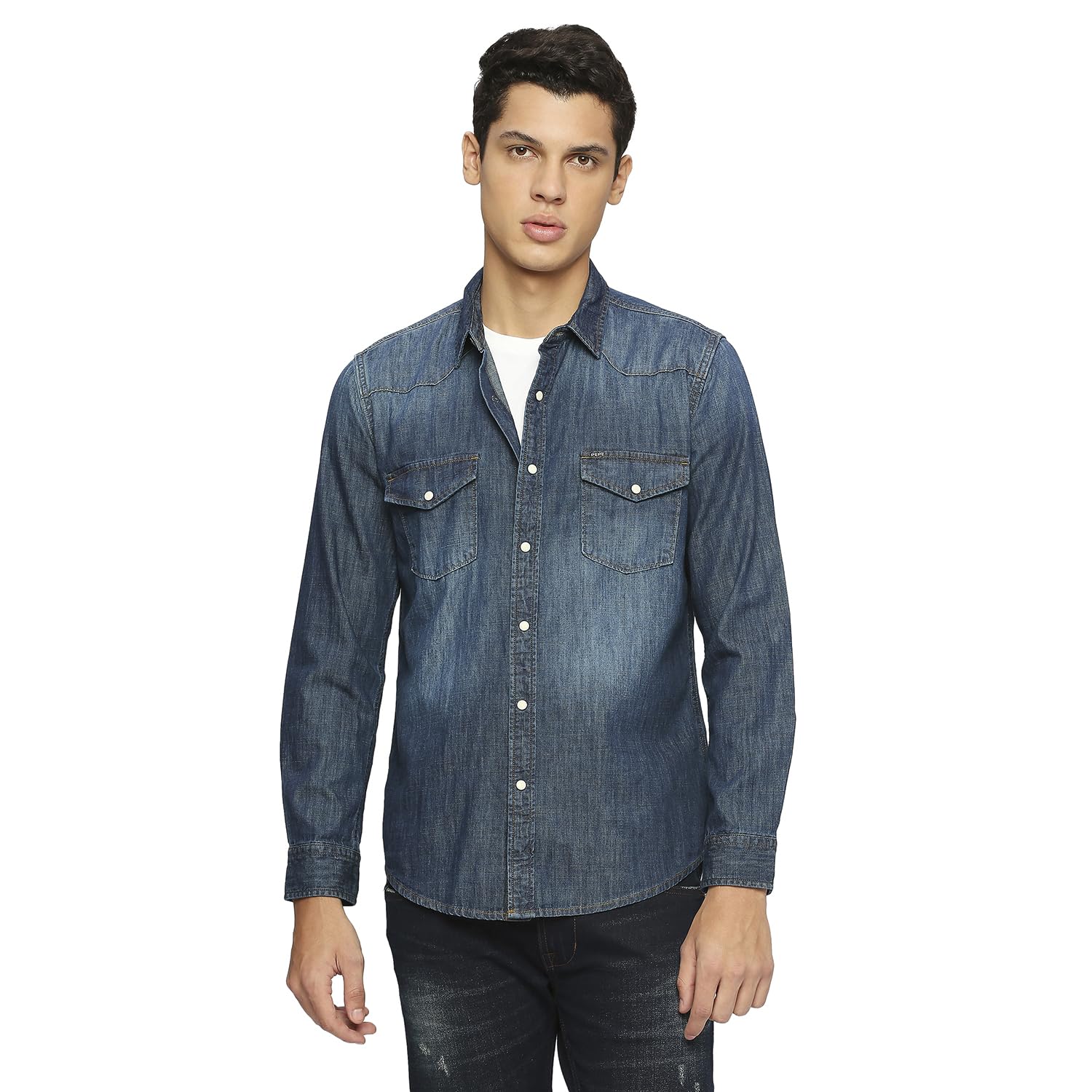 Pepe Jeans MenS Solid Regular Fit Shirt (Pm308261Ca0_Dark Wash Indigo Blue