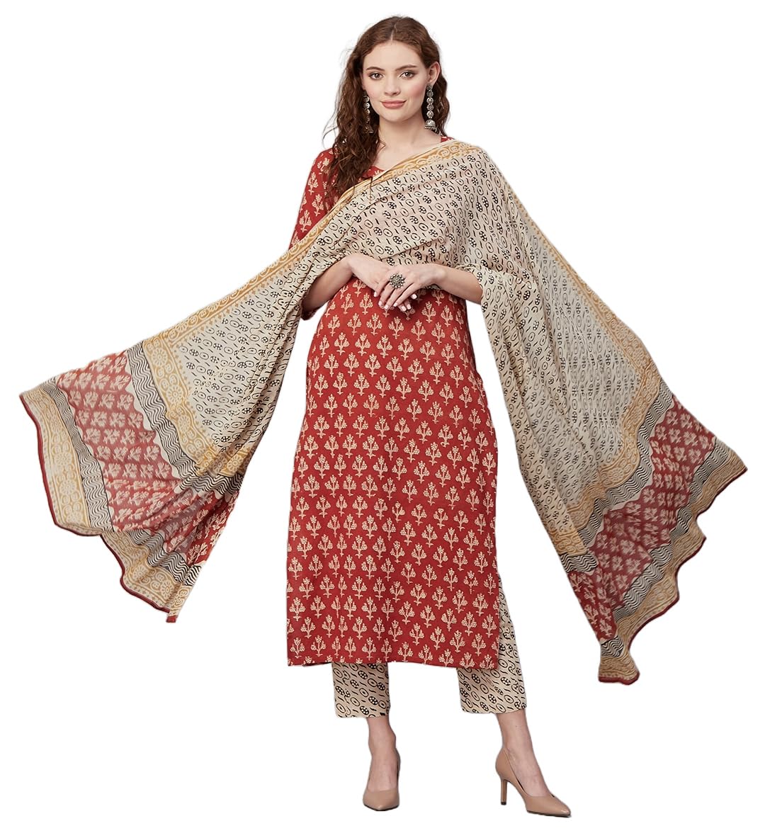 ANNI DESIGNER Womens Cotton Blend Printed Straight Kurta with Pant & Dupatta (Usmi-Maroon_S_Maroon_Small)