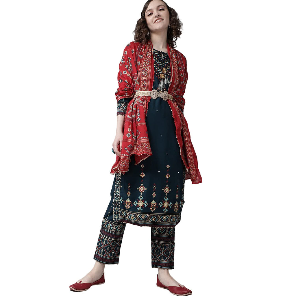 Ishin Women'S Viscose Rayon A-Line Embroidered Kurta Suit Set With Dupatta & Pant Kpldakats-12070_M_Dark Blue