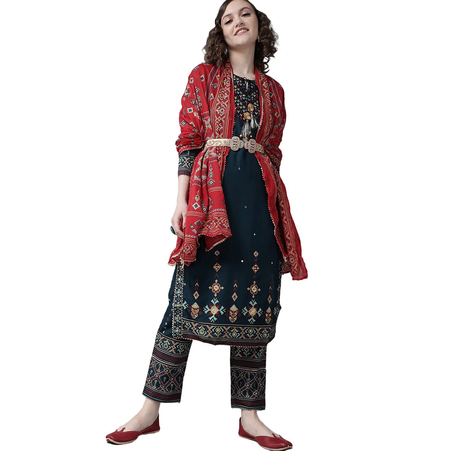 Ishin Women'S Viscose Rayon A-Line Embroidered Kurta Suit Set With Dupatta & Pant Kpldakats-12070_M_Dark Blue