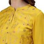 Ishin Women'S Silk Blend Embroidered Zari Yellow Floral Print A-Line Kurta Suit Set With Dupatta & Trouser