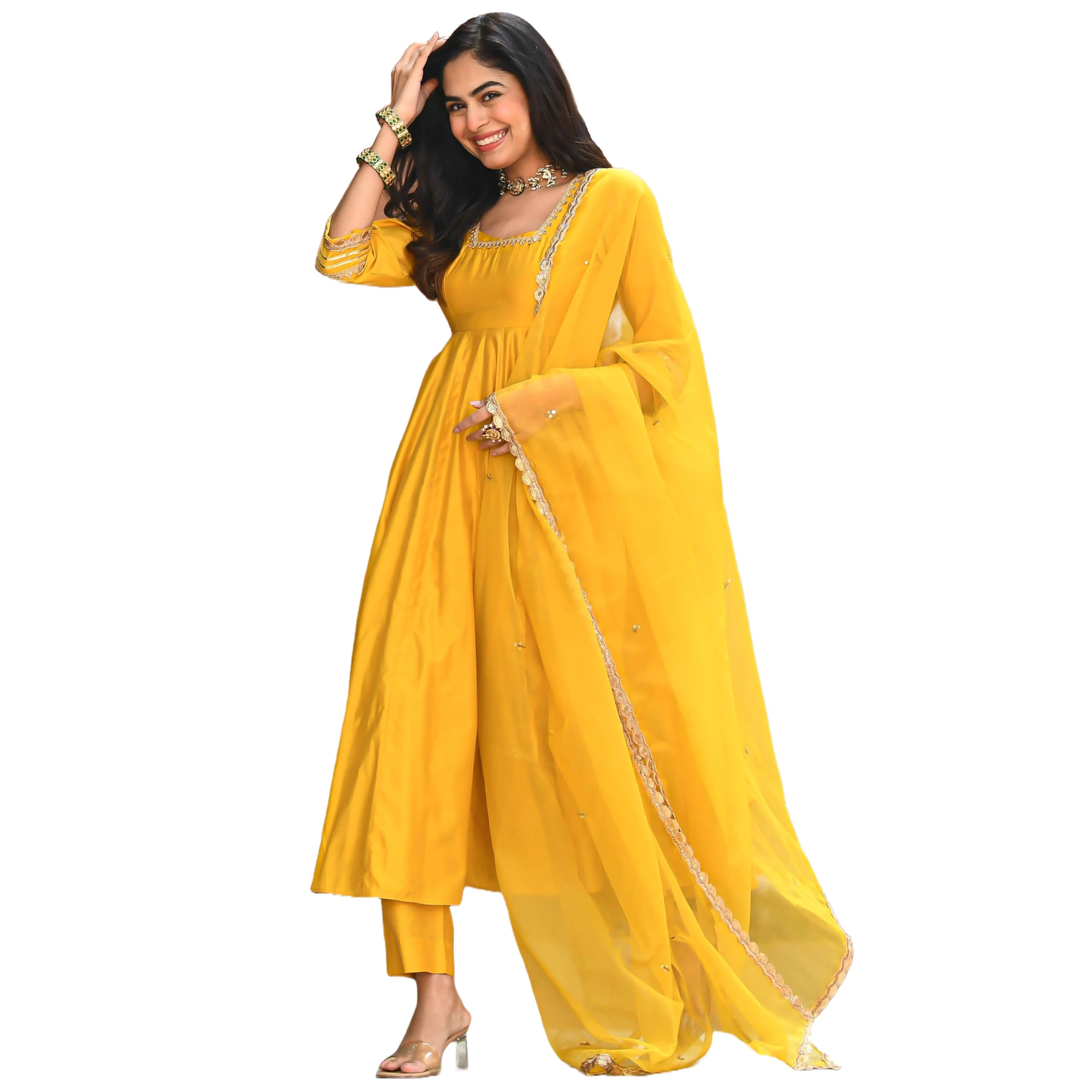ANNI DESIGNER Womens Rayon Blend Anarkali Solid Kurta with Pant & Dupatta (SITAPATI Yellow_L_Yellow_Large)