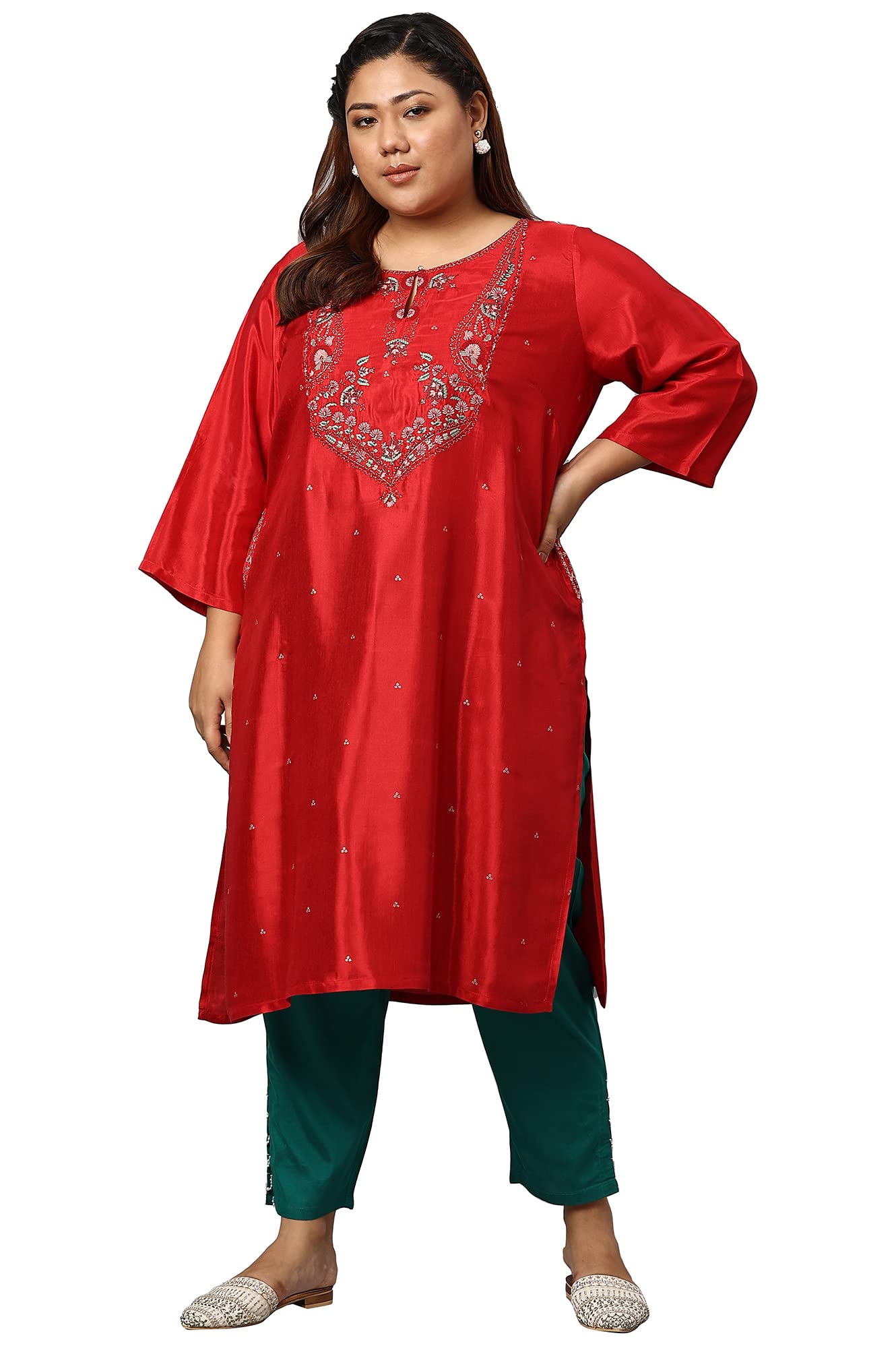W For Women Plus Size Red Embroidered Shantung Kurta_22Auw18127G-119955_4Xl