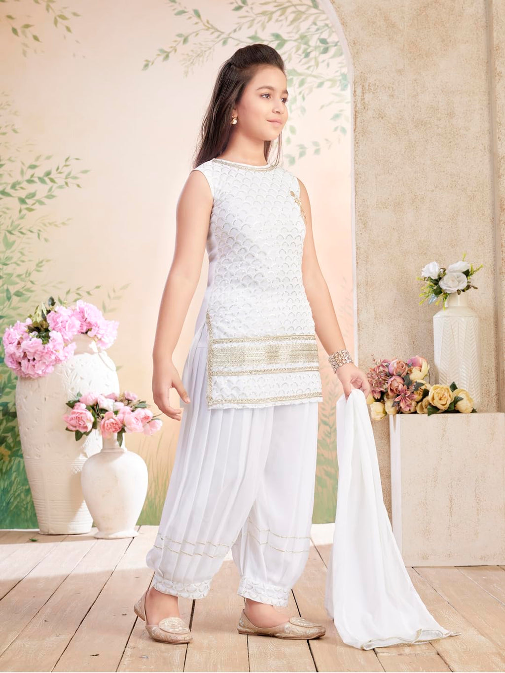 Aarika Girls Ethnic Wear White Colour Sequin Embroidery/Lace Work Georgette Kurti Patiala Set with Dupatta-(3-13 Years)-(PT-1801