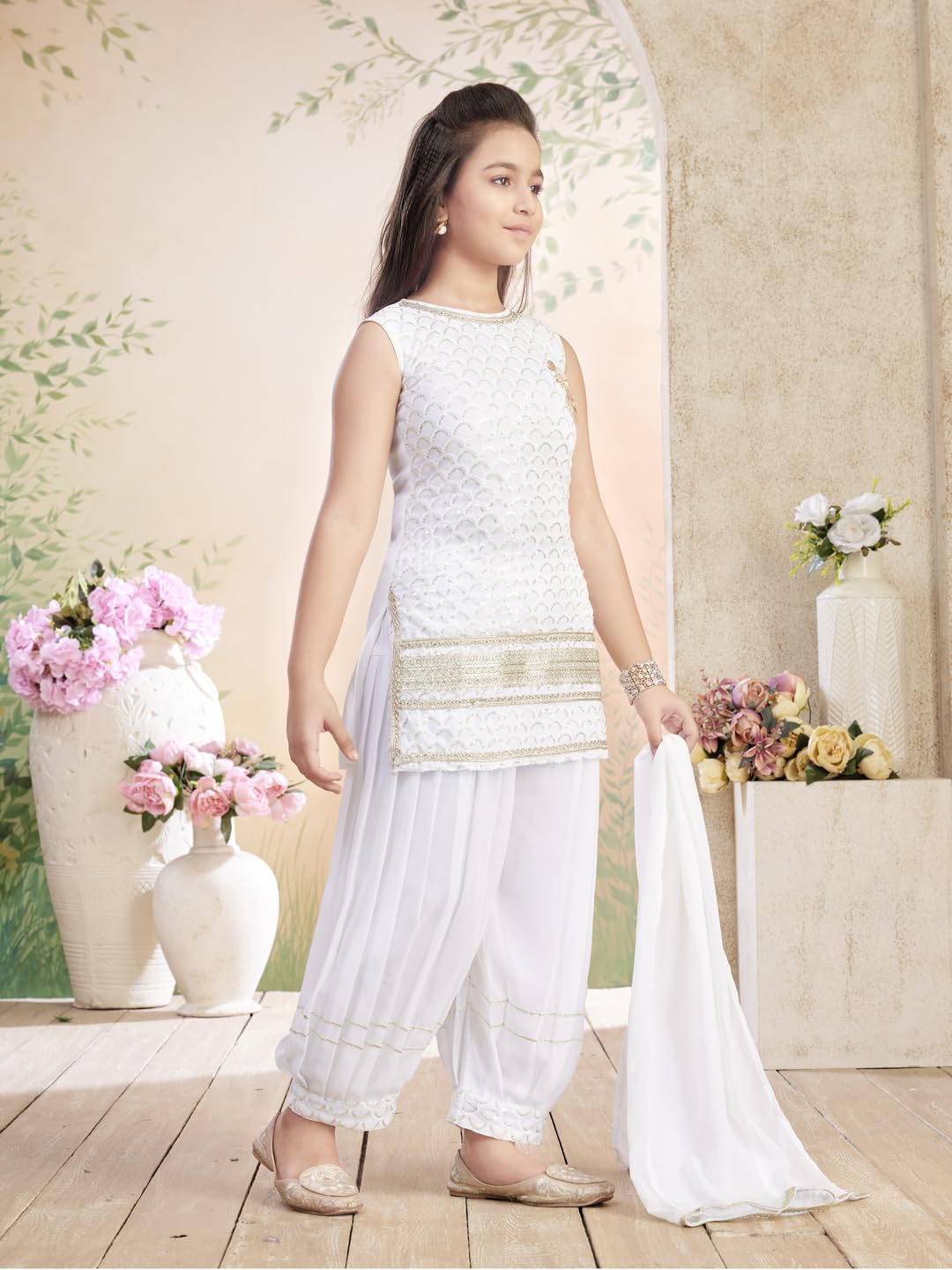 Aarika Girls Ethnic Wear White Colour Sequin Embroidery/Lace Work Georgette Kurti Patiala Set with Dupatta-(3-13 Years)-(PT-1801