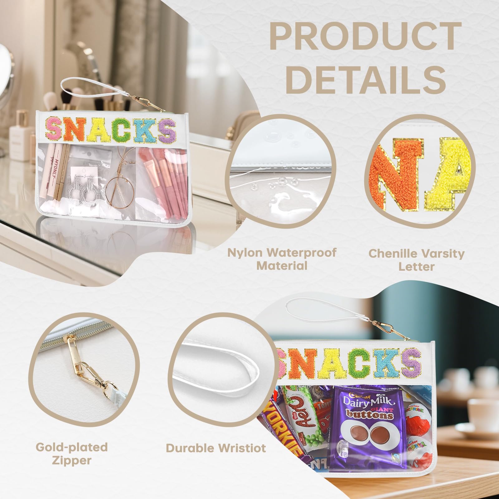 Burskit Snack Bag Clear Chenille Varsity Letter Zipper Pouch for Travel Nylon Clear Cosmetic Bag Makeup Travel Bag for Women (Wh