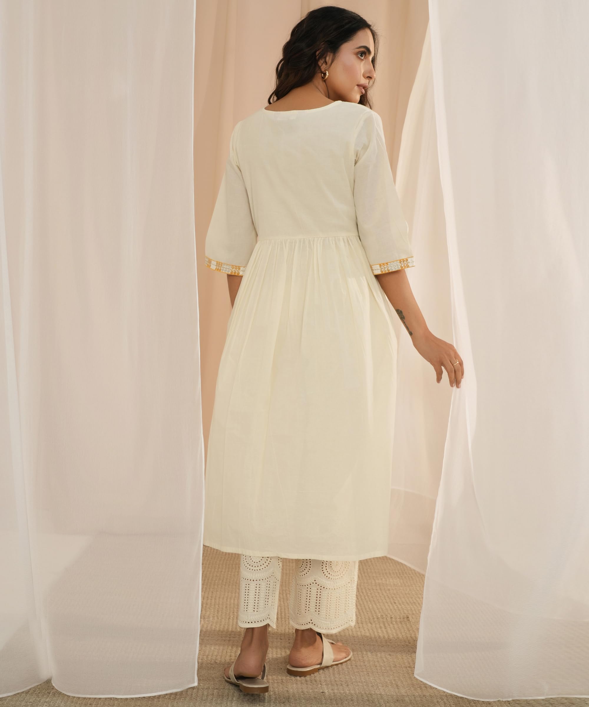 Libas Womens Cotton Printed A-Line Kurta (26725_Off White