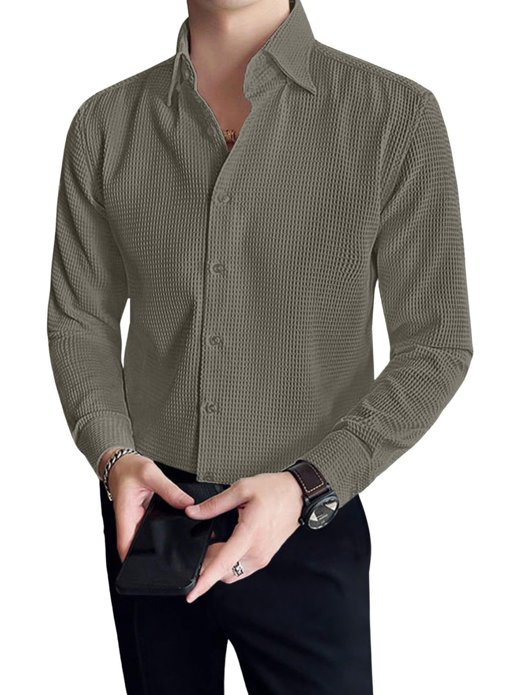 Greciilooks MenS Formal Button Down Shirt  Slim Fit Office Wear ShirtS For Men | Textured Long Sleeve Cotton Blend | Business 