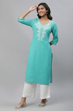 Aurelia Green Floral Printed Printed Cotton Rayon Blend Kurta With Thread Work
