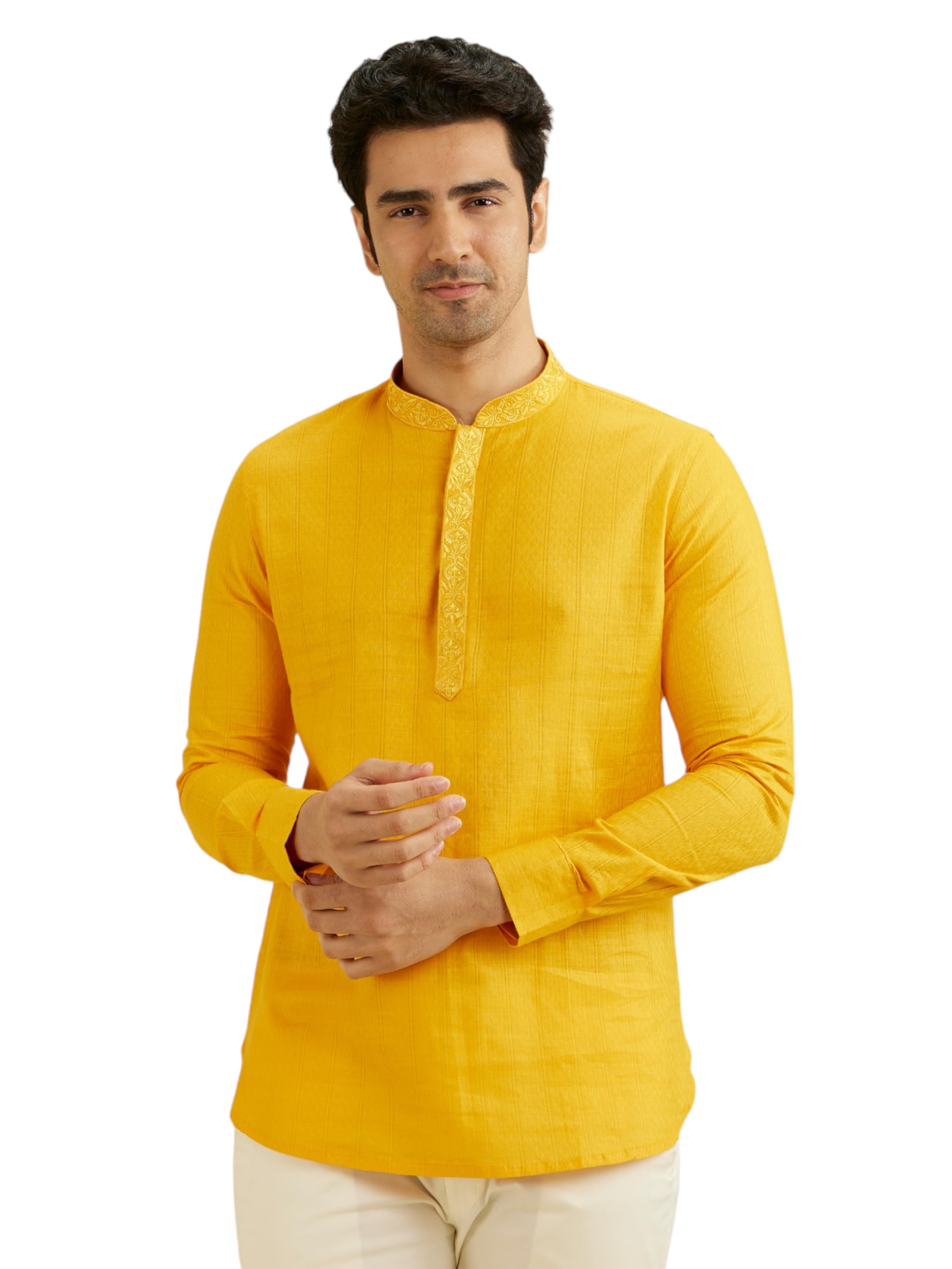 Manyavar Mens Cotton Embroidered Solid Short Kurta (Mustard,XL)