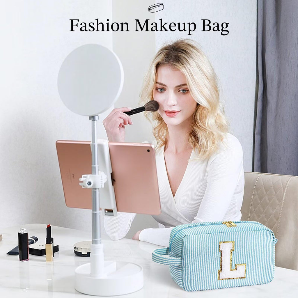 YOOLIFE Initial Makeup Bag - Personalized Monogram Cute Blue Makeup Bag Cosmetic Travel Toiletry Pouch Make Up Case for Women Mo