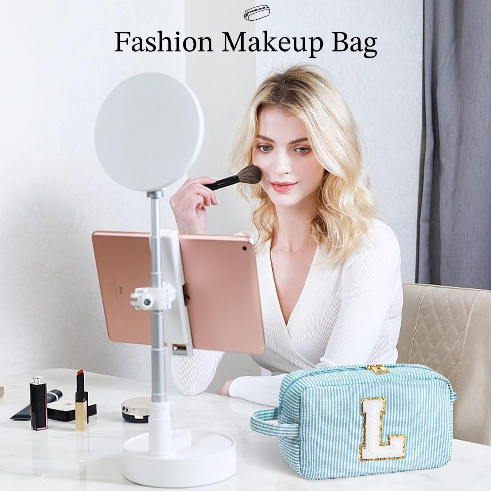 YOOLIFE Initial Makeup Bag - Personalized Monogram Cute Blue Makeup Bag Cosmetic Travel Toiletry Pouch Make Up Case for Women Mo