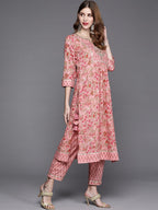 Varanga Women Floral Printed Embroidered Kurta With Straight Pant And Chiffon Dupatta Pink