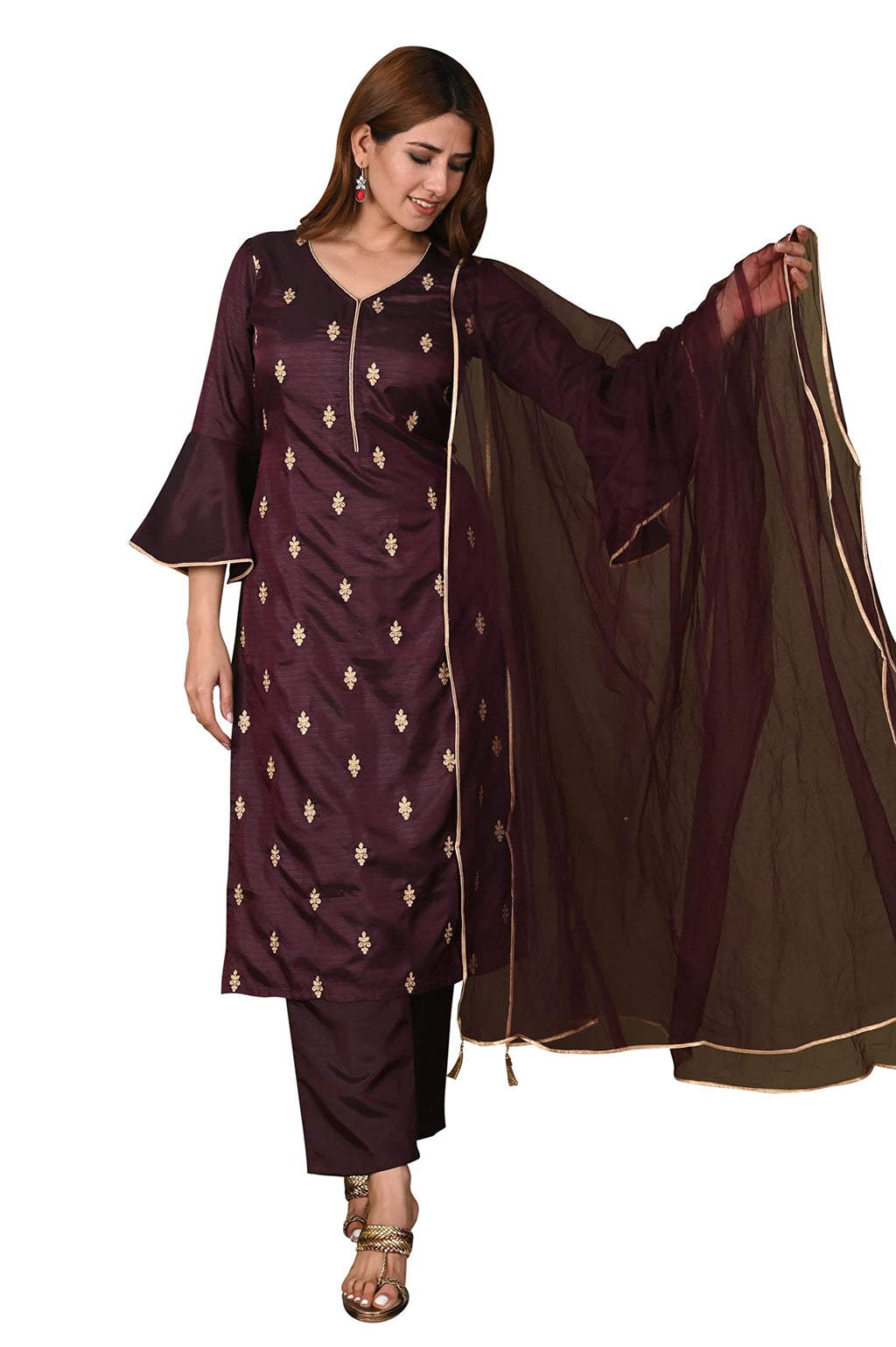 Gosriki Women'S Silk Blend Straight Printed Kurta With Pant And Dupatta (Ritu-Brown_S-Go Brown_Small)