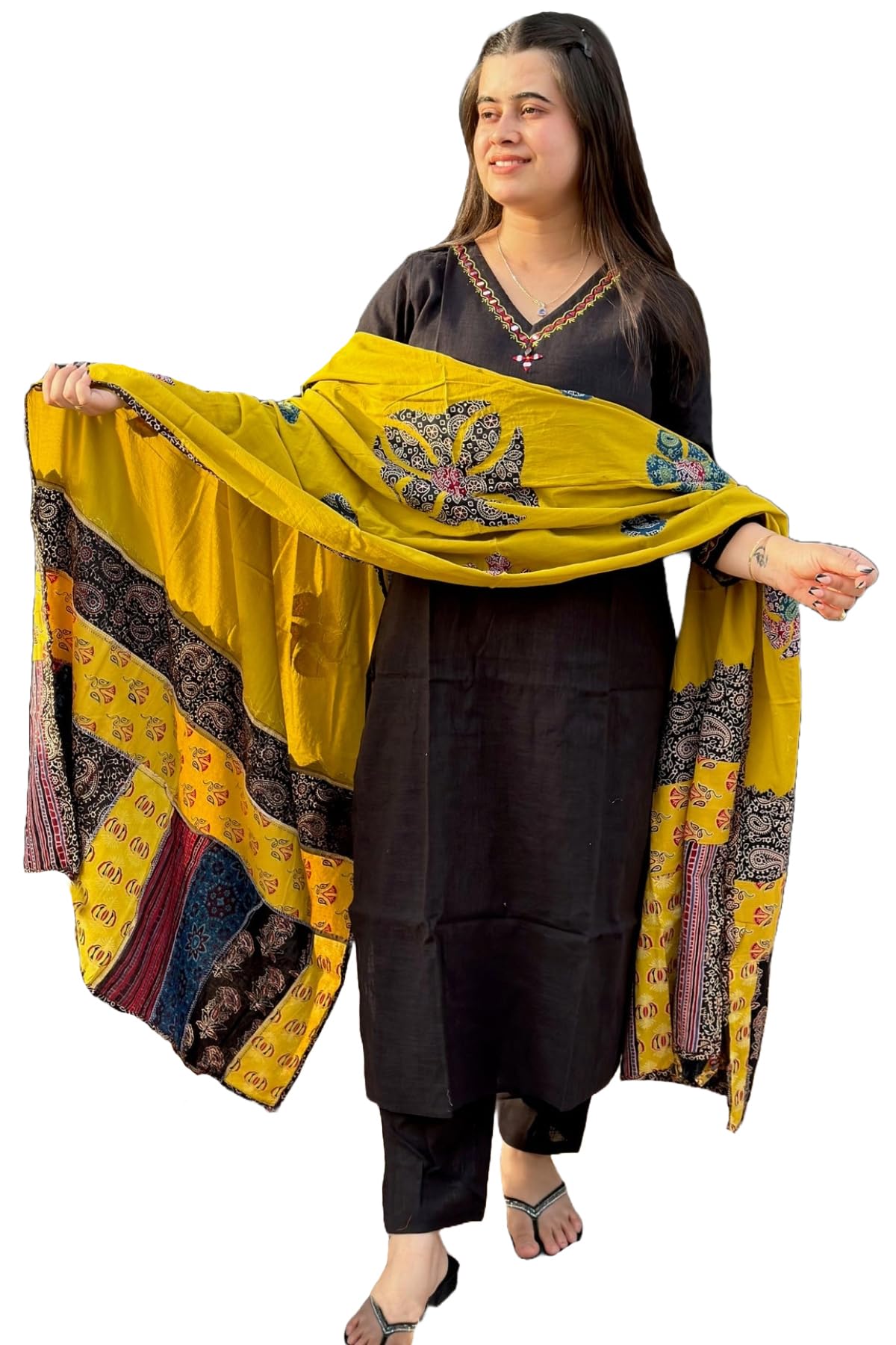 ANNI DESIGNER Ladies Cotton Blend Kurta with Trousers and Dupatta, Black, S