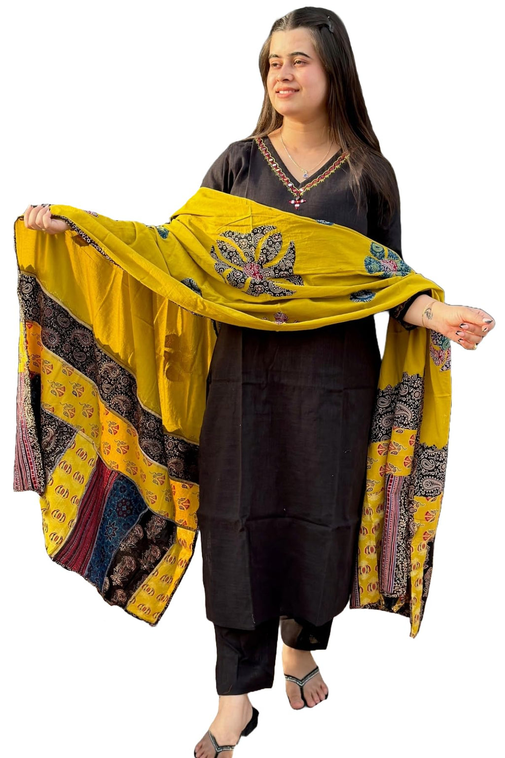 ANNI DESIGNER Ladies Cotton Blend Kurta with Trousers and Dupatta, Black, L