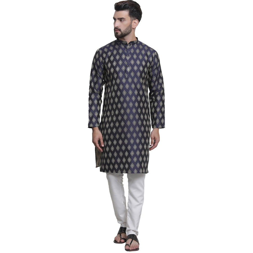 SOJANYA (Since 1958 Mens Silk Blend Booti Jacquard NavyBlue Kurta & Off-White Churidar Pyjama Set