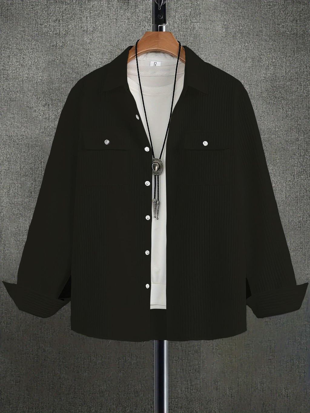 Shasmi Solid Regular Fit Double Pocket Polyester Shirt Casual Plain Full Sleeve (Mens Stylish Ribbed 154_Black