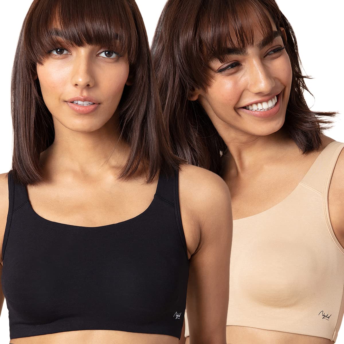 NYKD Womens Cotton Wire Free Casual T-Shirt Bra NYB113_Black & Beige (Pack of 2) _M