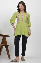 W For Woman Green Embroidered Print Cotton Straight Top